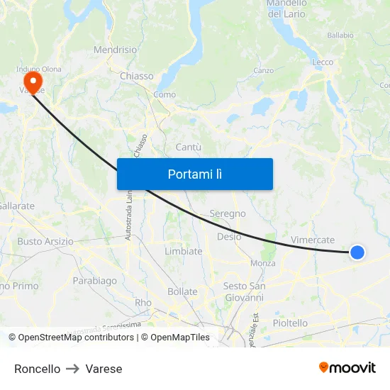 Roncello to Varese map