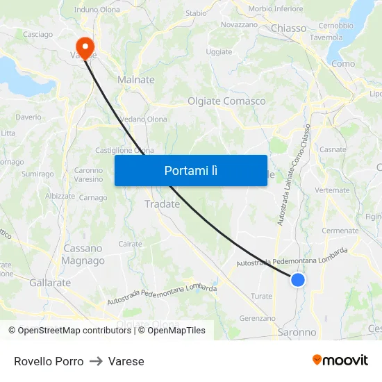 Rovello Porro to Varese map