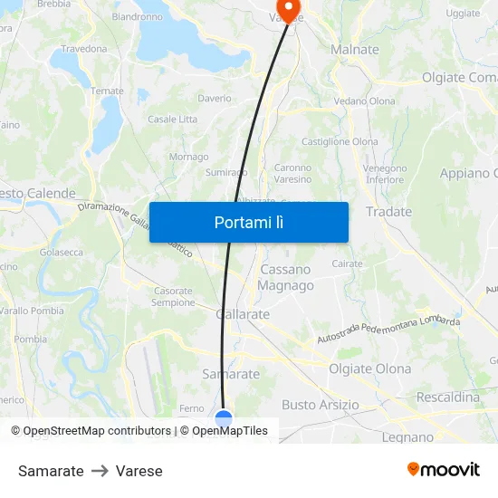 Samarate to Varese map