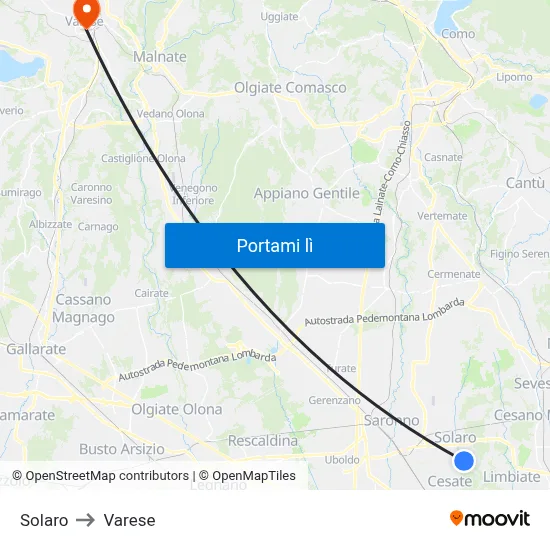 Solaro to Varese map