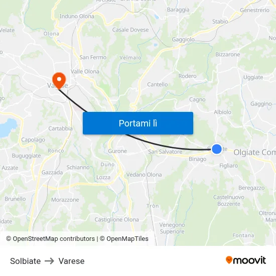 Solbiate to Varese map