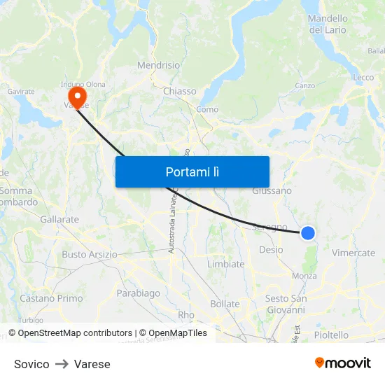 Sovico to Varese map