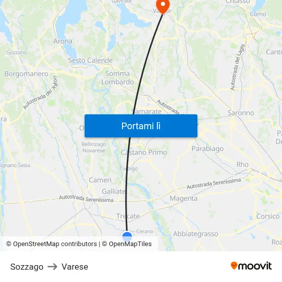Sozzago to Varese map