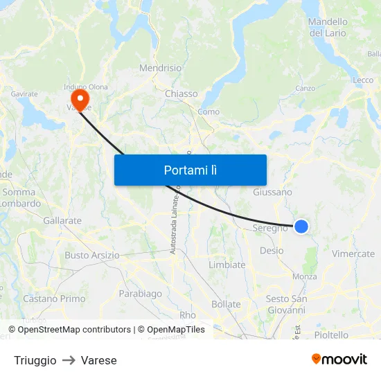 Triuggio to Varese map
