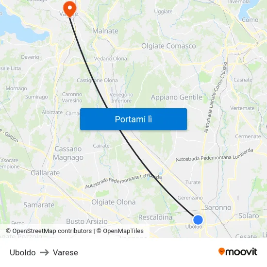 Uboldo to Varese map