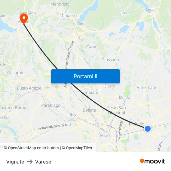 Vignate to Varese map
