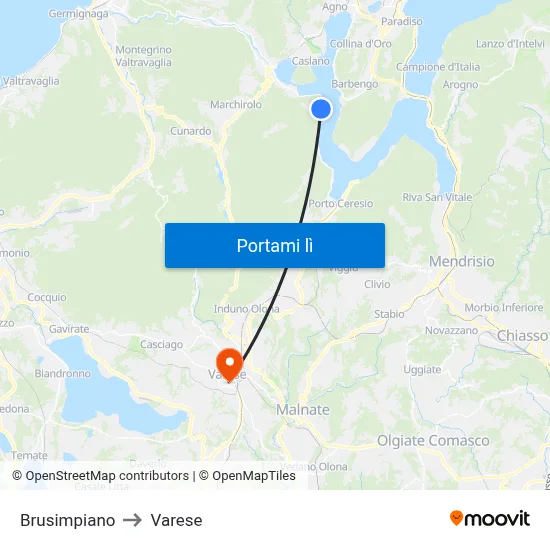 Brusimpiano to Varese map