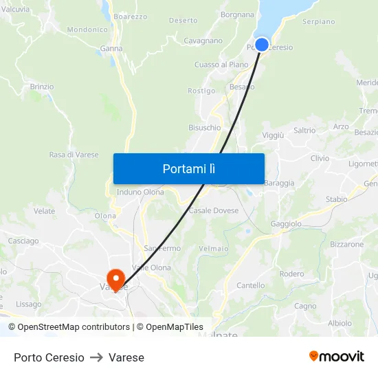 Porto Ceresio to Varese map