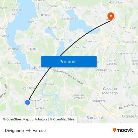 Divignano to Varese map