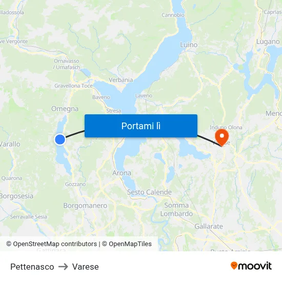 Pettenasco to Varese map