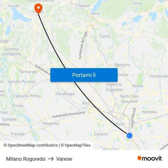 Milano Rogoredo to Varese map