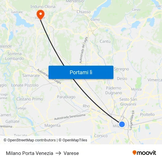 Milano Porta Venezia to Varese map