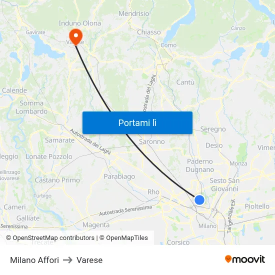 Milano Affori to Varese map