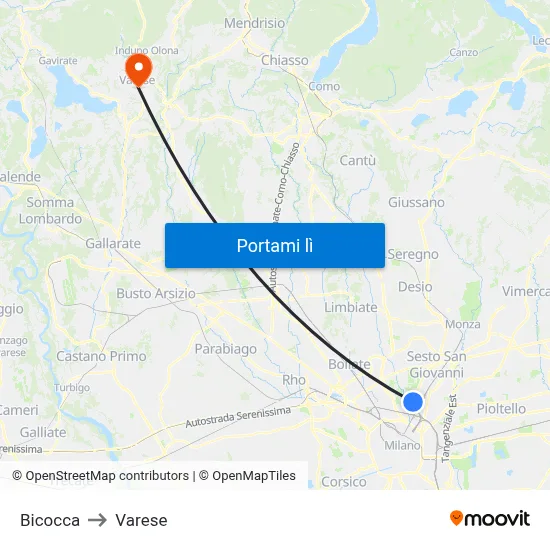 Bicocca to Varese map