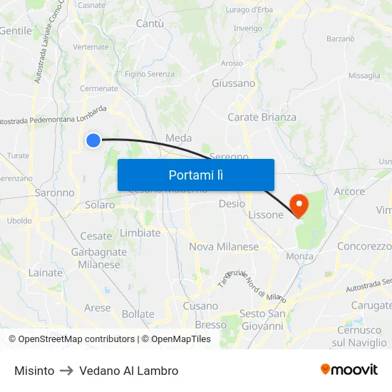 Misinto to Vedano Al Lambro map