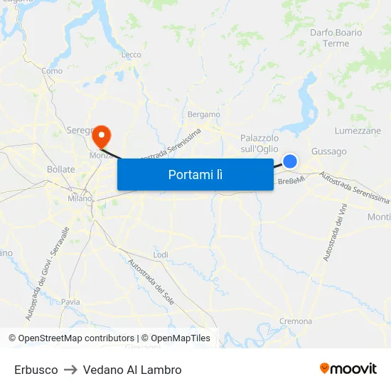 Erbusco to Vedano Al Lambro map