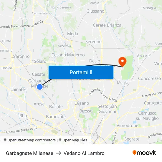 Garbagnate Milanese to Vedano Al Lambro map