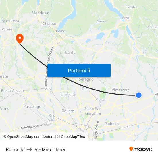 Roncello to Vedano Olona map