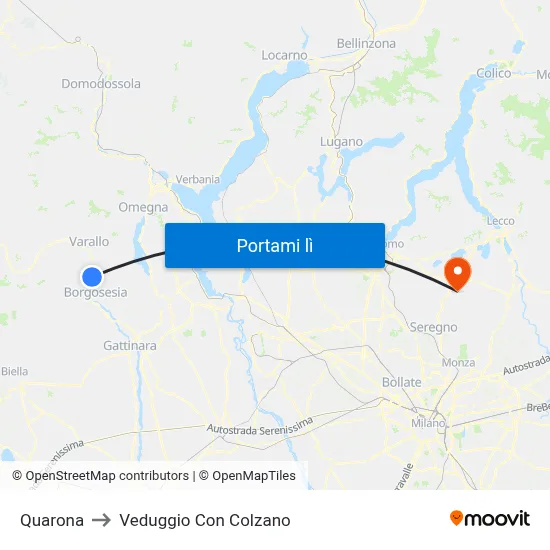 Quarona to Veduggio Con Colzano map