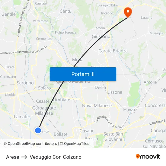 Arese to Veduggio Con Colzano map