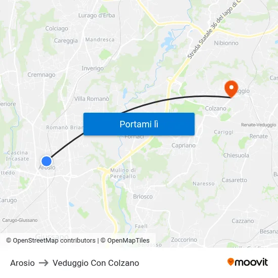 Arosio to Veduggio Con Colzano map
