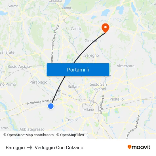 Bareggio to Veduggio Con Colzano map