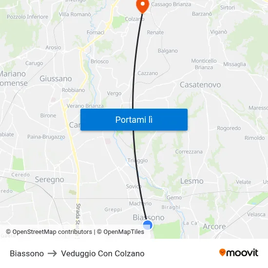 Biassono to Veduggio Con Colzano map