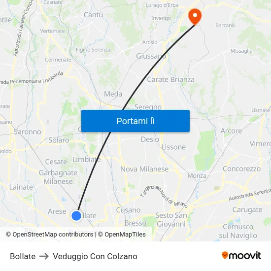 Bollate to Veduggio Con Colzano map