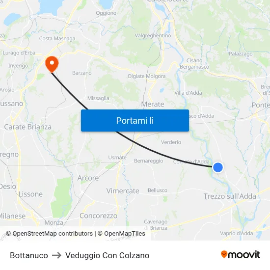 Bottanuco to Veduggio Con Colzano map