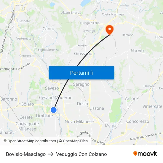 Bovisio-Masciago to Veduggio Con Colzano map