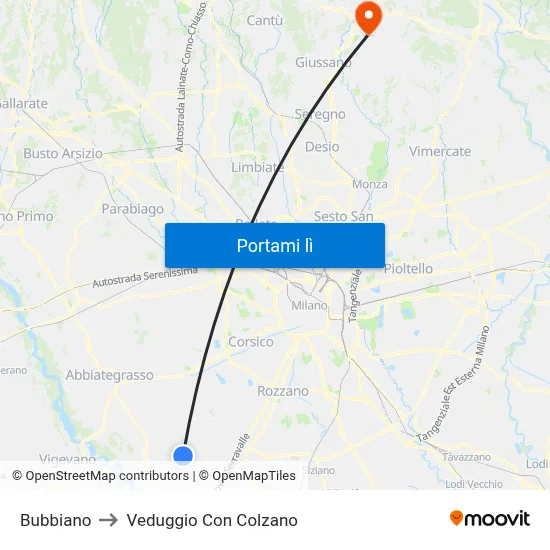 Bubbiano to Veduggio Con Colzano map