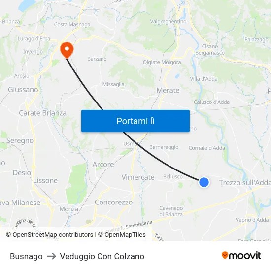 Busnago to Veduggio Con Colzano map