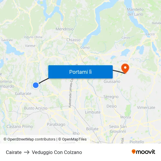 Cairate to Veduggio Con Colzano map