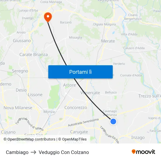 Cambiago to Veduggio Con Colzano map