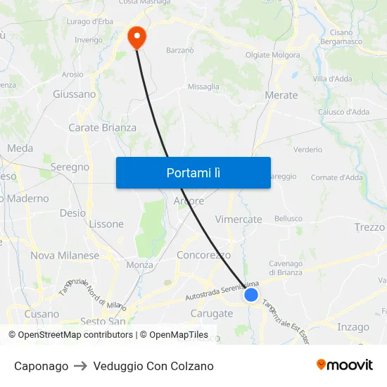 Caponago to Veduggio Con Colzano map