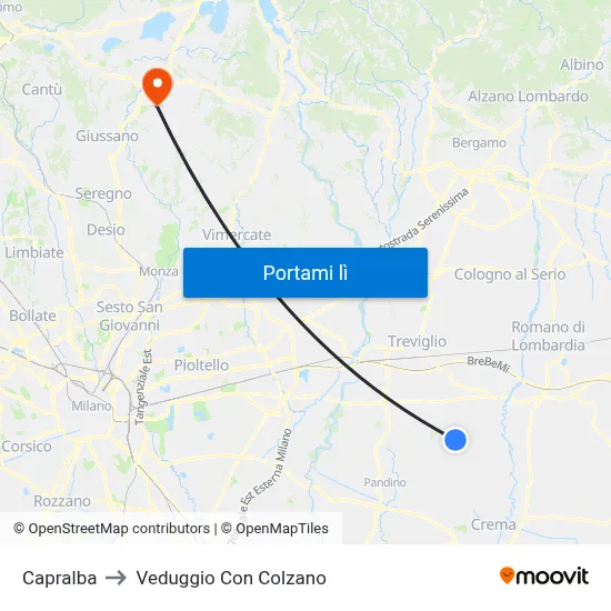 Capralba to Veduggio Con Colzano map