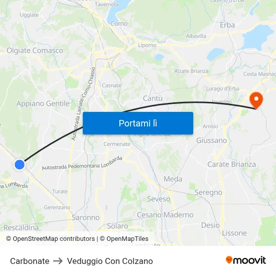 Carbonate to Veduggio Con Colzano map