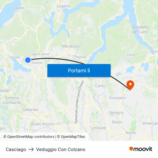 Casciago to Veduggio Con Colzano map