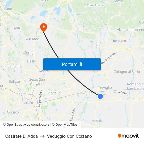 Casirate D' Adda to Veduggio Con Colzano map