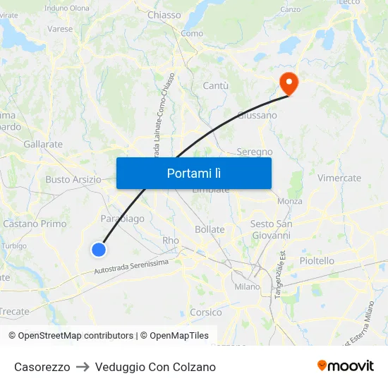 Casorezzo to Veduggio Con Colzano map