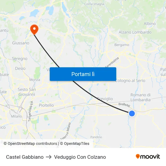 Castel Gabbiano to Veduggio Con Colzano map