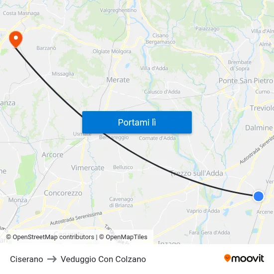 Ciserano to Veduggio Con Colzano map