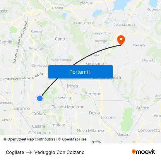 Cogliate to Veduggio Con Colzano map