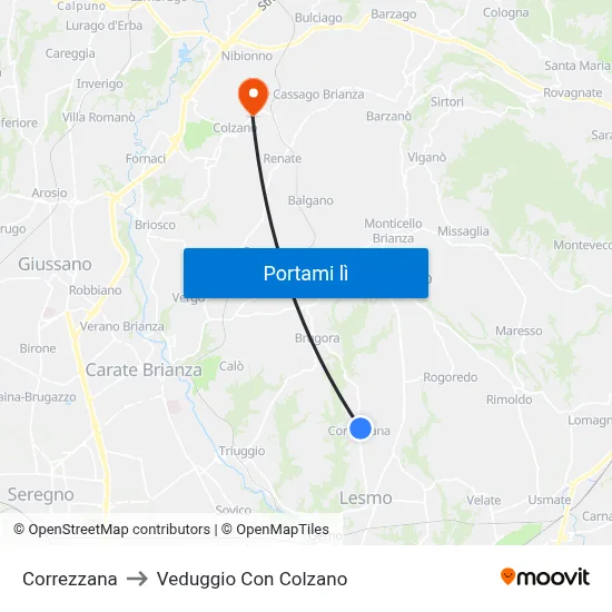 Correzzana to Veduggio Con Colzano map
