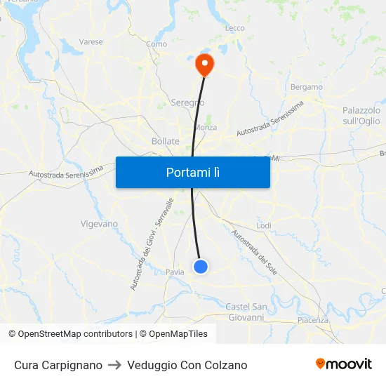 Cura Carpignano to Veduggio Con Colzano map