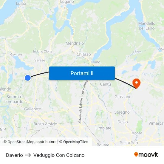 Daverio to Veduggio Con Colzano map