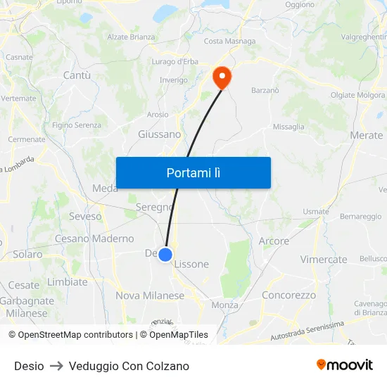 Desio to Veduggio Con Colzano map