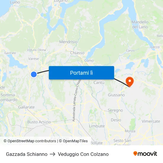 Gazzada Schianno to Veduggio Con Colzano map