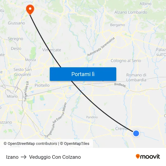 Izano to Veduggio Con Colzano map