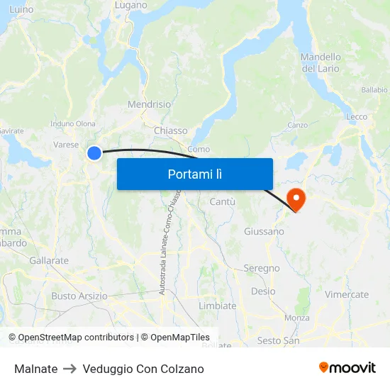 Malnate to Veduggio Con Colzano map